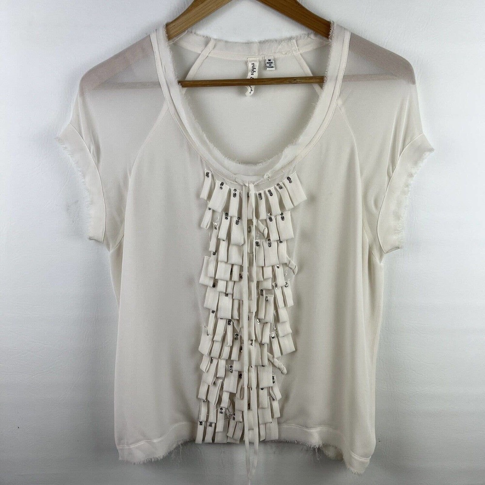 Anthropologie Robbi and Nikki Shirt Womens Medium Ivory Raw Hem Fringe